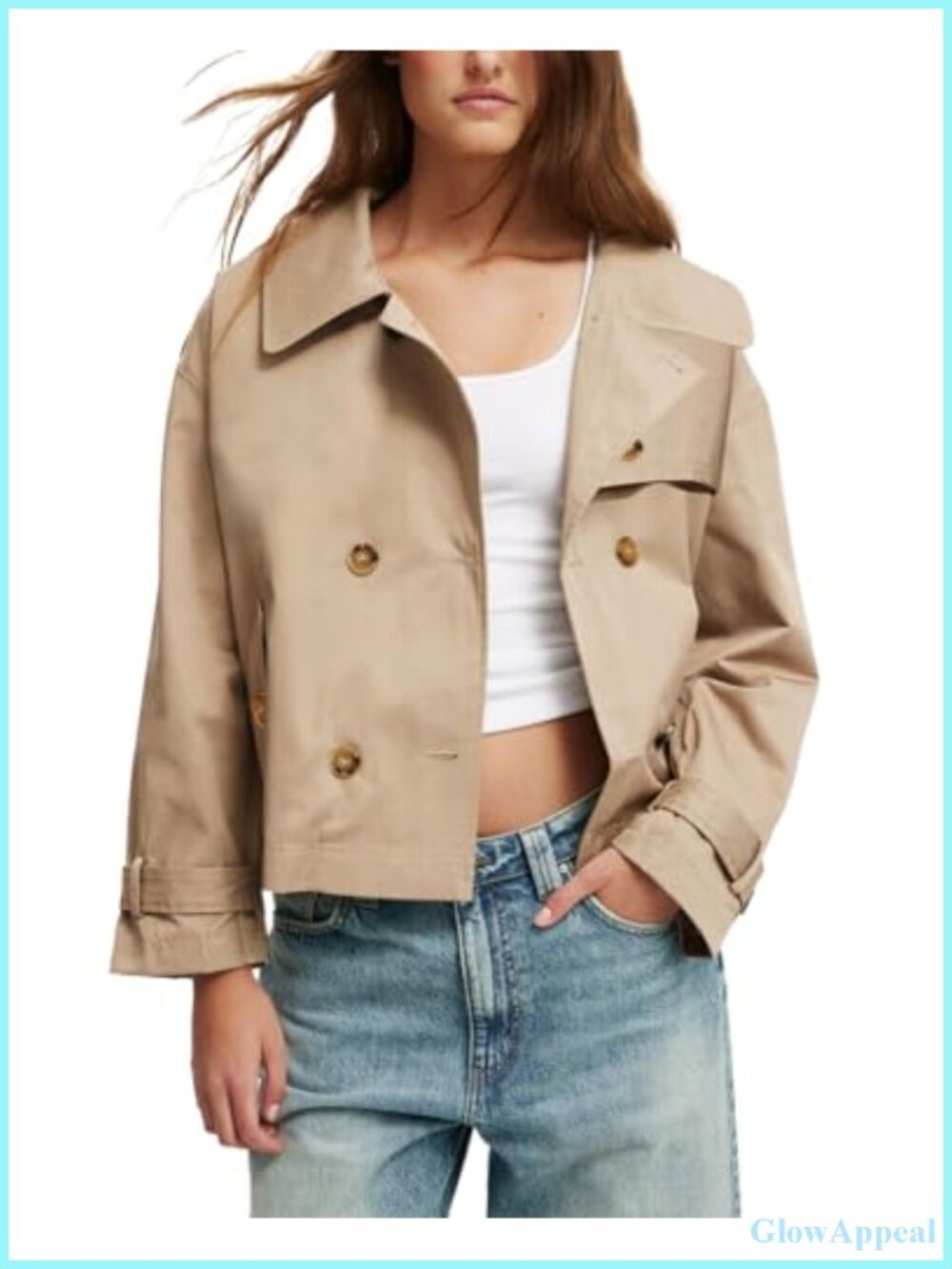 Cropped Trench Coat Women Double Breasted Notched Lapel Loose Fit Belted Cuffs